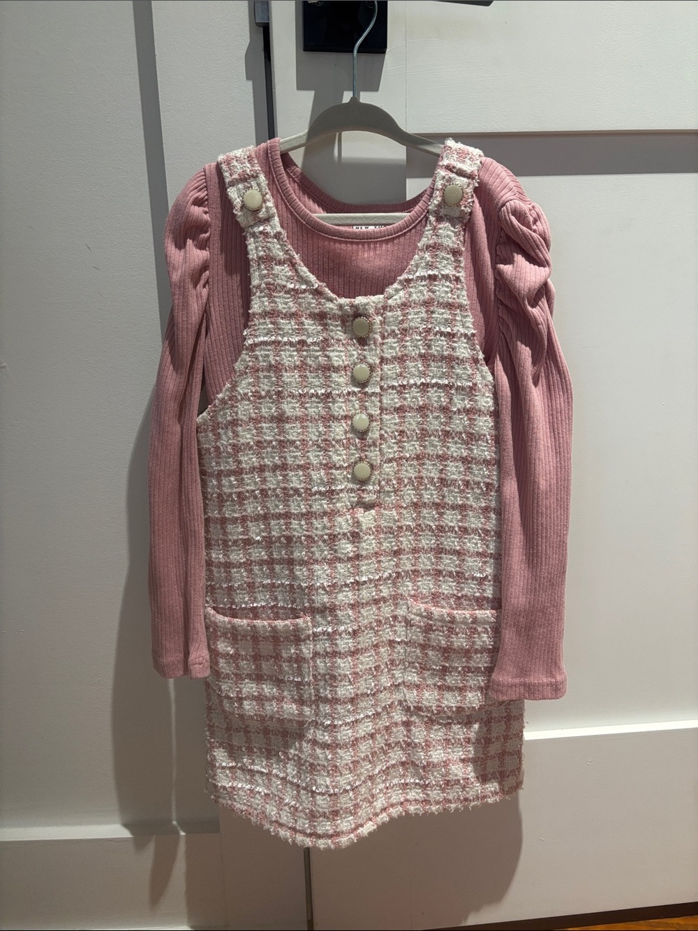Pink Tweed Pinafore Dress with Buttons